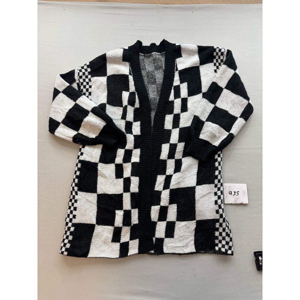 SHEIN Curve Black White Checkerboard Open Front Longline Cardigan Sweater 1XL